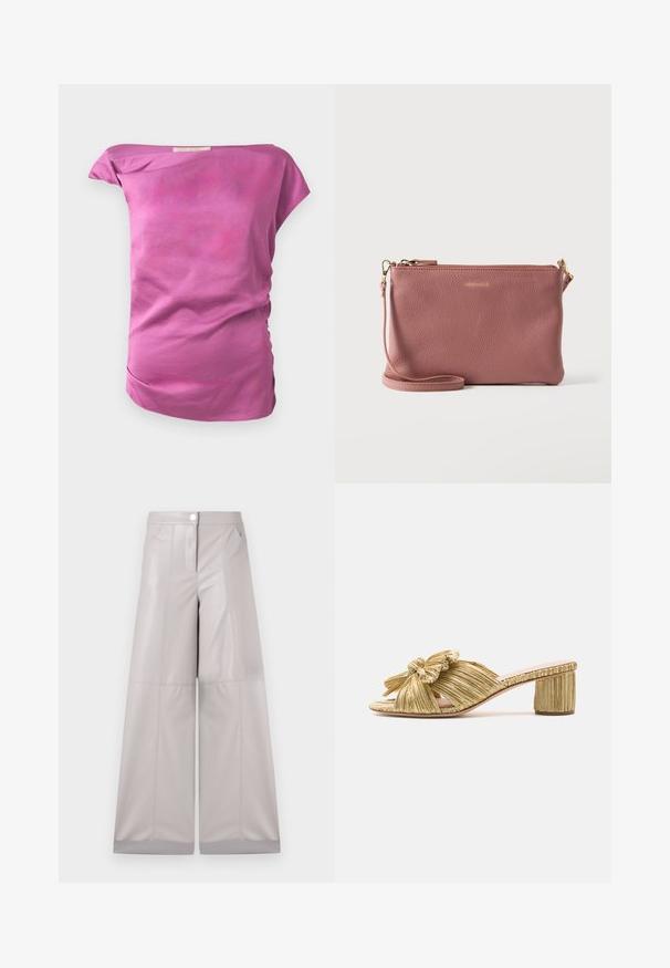 Top ajustado sin mangas en una tela lisa de color rosa claro con textura suave. Presenta un sutil fruncido en un lado y un dobladillo curvado.; Pantalones de pierna ancha en faux cuero gris claro, con cierre de botón en la parte frontal, dos bolsillos laterales y costuras decorativas para mayor textura.; Sandaña deslizante dorada con detalle de lazo, punta abierta y un tacón cuadrado texturizado. Presenta una suela plana y un forro interno suave.; Bolso bandolera pequeño de cuero texturizado en color malva con cremallera dorada y hebillas en la correa, con el nombre de la marca grabado al frente, centrado.
