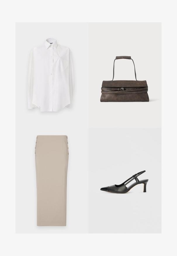Chemise blanche à manches longues en tissu léger, dotée d'un col classique, d'une fermeture à boutons et d'une poche en forme de cœur sur le côté gauche.; Jupe crayon beige en tissu lisse, comportant des boutons sur le côté, une silhouette épurée et sans poches ni motifs visibles.; Chaussure à bride arrière en cuir noir avec bout pointu, dotée d'un accent brillant sur le bout et d'un talon de hauteur moyenne. Design latéral ouvert.; Pochette en cuir marron foncé avec une seule poignée supérieure et un fin détail de ceinture enveloppante avec une petite boucle métallique.