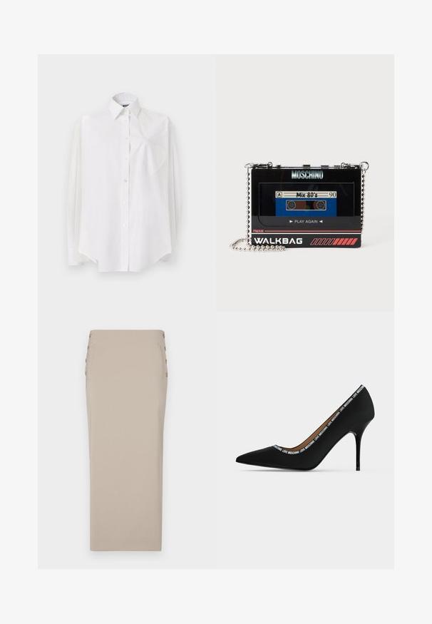 Weißes Langarmhemd aus leichtem Stoff mit klassischem Kragen, Knopfverschluss und einer herzförmigen Tasche auf der linken Seite.; Beige Bleistiftrock aus glattem Stoff, mit seitlichen Knöpfen, einer schlanken Silhouette und ohne sichtbare Taschen oder Muster.; Schwarzer spitzer High-Heel-Schuh mit Stiletto-Absatz und "LOVE MOSCHINO" Textbesatz entlang der Öffnungskante, Seitenansicht vor weißem Hintergrund.; Schwarze rechteckige Moschino-Tasche in Form eines Vintage-Kassettenbandes mit silberner Kettenriemen und "Mix 80's" Kassettenetikett.