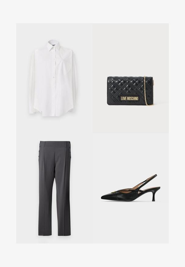 Camisa blanca de manga larga en tejido ligero que presenta un cuello clásico, cierre de botones y un bolsillo en forma de corazón en el lado izquierdo.; Pantalones gris ajustados con diseño de pierna recta, pliegues frontales y botones decorativos en los laterales para un detalle adicional. Textura de tela suave.; Zapato slingback de cuero negro con punta puntiaguda, tacón bajo tipo kitten y detalle de hebilla dorada en el frente.; Clutch de cuero acolchado negro con logo dorado "Love Moschino" y cadena dorada en un fondo blanco.