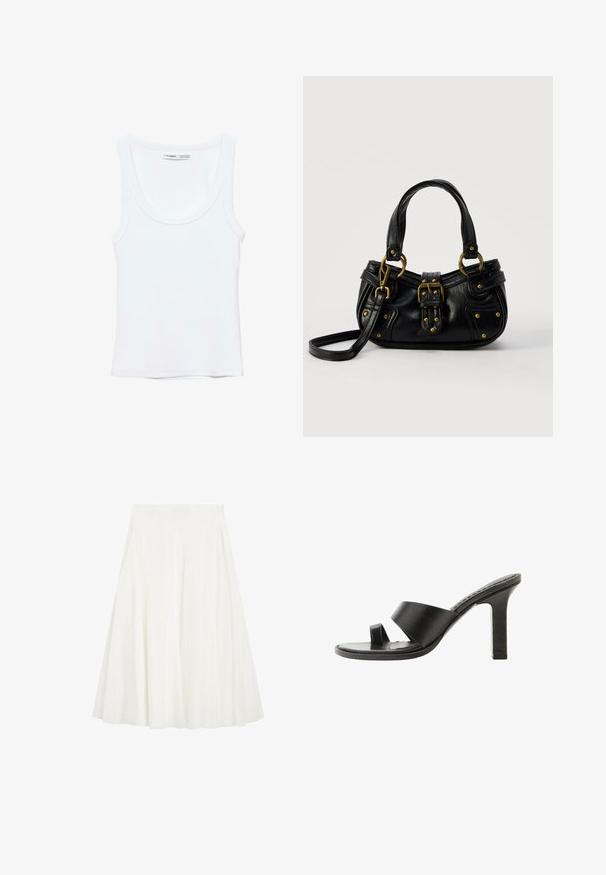 Effen witte mouwloze tanktop met ronde hals, gemaakt van zachte stof, met een label aan de binnenkant van de kraag dat merk en maat aangeeft.; Witte A-lijn rok tot op kniehoogte met een aangesloten tailleband, voorzien van zachte plooien voor extra volume en beweging.; Zwarte sandaal met hoge hak, brede band over de voet en teenlus, zijaanzicht op een witte achtergrond.; Zwarte leren handtas met gouden gesp en klinknagel details, korte handvatten en een verstelbare schouderriem op een effen witte achtergrond.