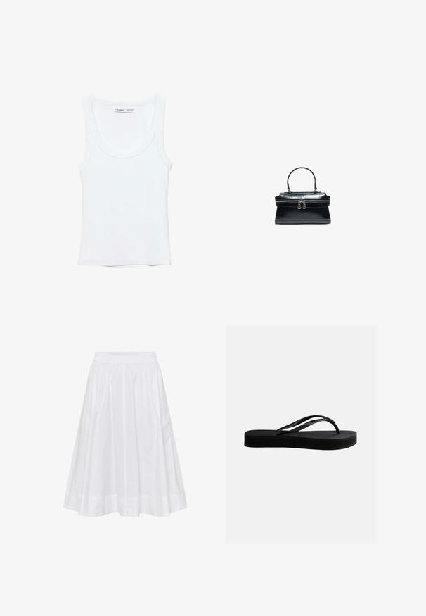 Débardeur blanc uni sans manches avec encolure arrondie, fabriqué en tissu doux, étiquette à l'intérieur du col indiquant la marque et la taille.; Jupe blanche, longueur genoux avec une taille élastique, en tissu léger. Présente une texture douce et des détails de plis discrets.; Tongs en caoutchouc noir avec semelle texturée et bride en forme de Y, vues de côté sur un fond clair uni.; Sac à main en cuir noir avec une poignée supérieure, une texture crocodile et une fermeture double à glissière au centre.