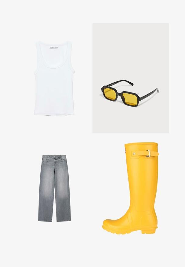 Débardeur blanc uni sans manches avec encolure arrondie, fabriqué en tissu doux, étiquette à l'intérieur du col indiquant la marque et la taille.; Jean denim gris à jambes larges avec un lavage délavé, doté d'une fermeture classique à bouton et zip, cinq poches et des coutures contrastées.; Botte de pluie en caoutchouc jaune avec une surface lisse, une sangle à boucle réglable et une semelle texturée pour une meilleure adhérence. Design haut, orteil arrondi et corps sans couture.; Lunettes de soleil rectangulaires noires avec des verres jaunes. Les caractéristiques incluent des montures épaisses et un design anguleux avec une finition lisse et brillante.