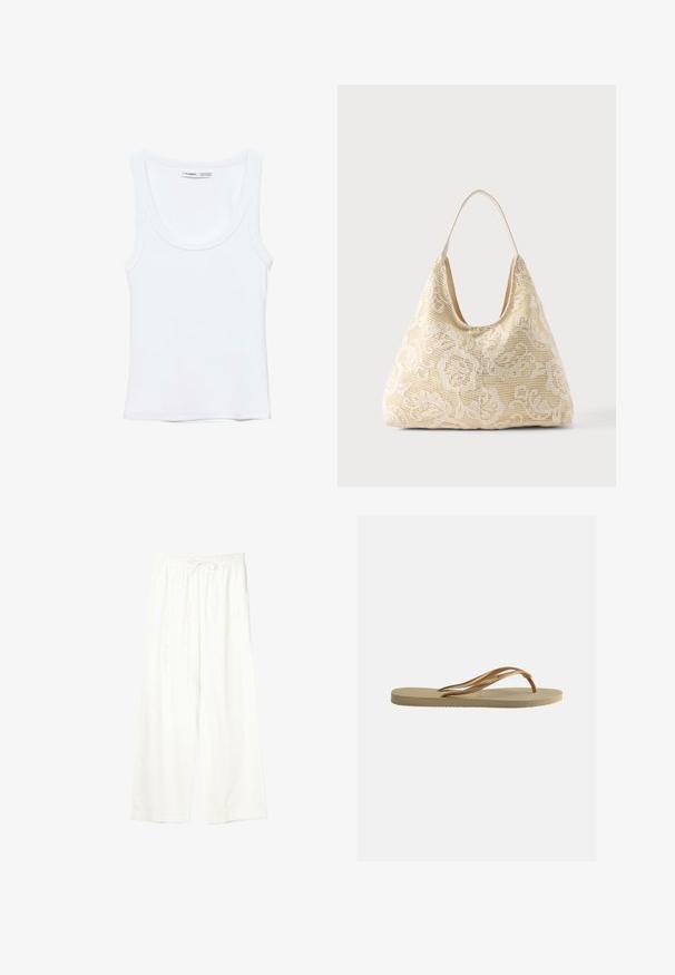 Effen witte mouwloze tanktop met ronde hals, gemaakt van zachte stof, met een label aan de binnenkant van de kraag dat merk en maat aangeeft.; Witte wijde broek met elastische tailleband en trekkoord, gemaakt van lichtgewicht stof.; Beige teenslipper met gestructureerde zool en bronzen metalen Y-vormige banden op een witte effen achtergrond.; Crèmekleurige stoffen draagtas met wit bloemig gehaakt patroon en een enkele dunne schouderband op een effen achtergrond.