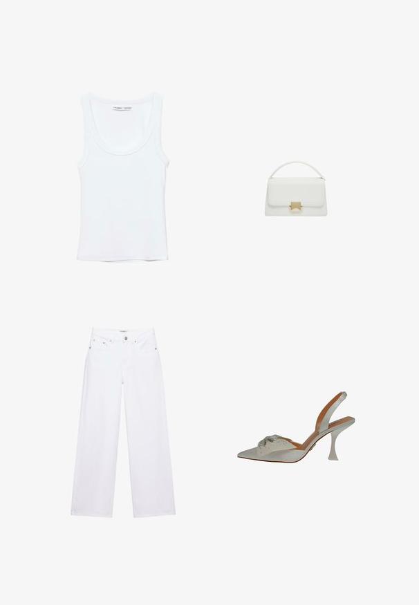 Débardeur blanc uni sans manches avec encolure arrondie, fabriqué en tissu doux, étiquette à l'intérieur du col indiquant la marque et la taille.; Jean blanc taille haute à jambes larges avec fermeture à boutons et zip, poches avant et arrière, et détails en rivets argentés.; Chaussure slingback en satin blanc, à bout pointu, ornée de perles argentées. Présente un talon fin et transparent, ainsi qu'un détail décoratif texturé sur le dessus.; Sac à main en cuir blanc au design structuré, avec une anse supérieure et un fermoir en ton doré. Texture lisse et accents minimalistes.