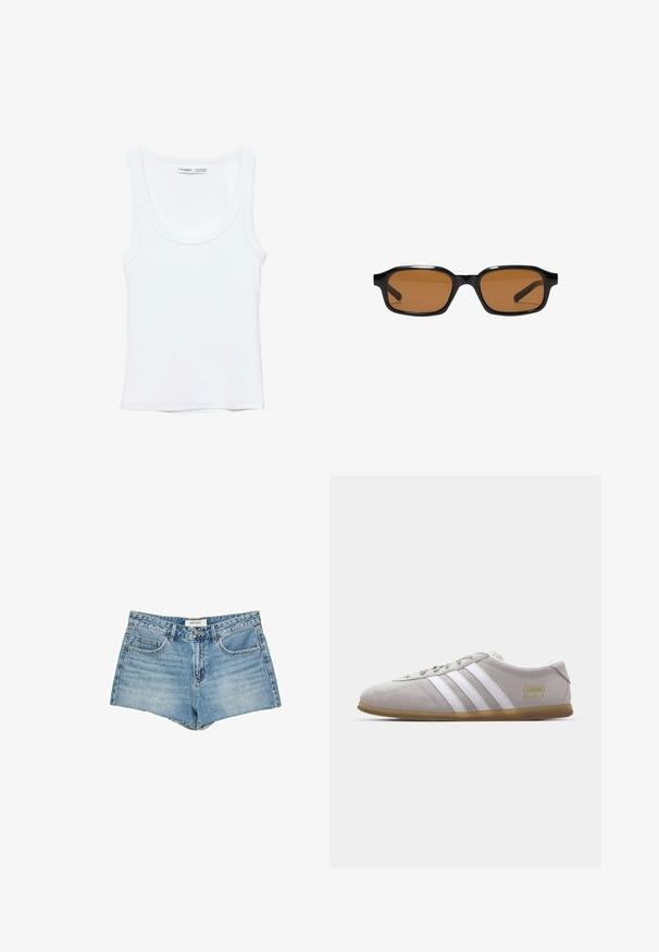 Hvid, ærmeløs top med rund halsudskæring, lavet af blødt stof. Mærkat indeni kraven viser mærke og størrelsesoplysninger.; Jeanshorts, lys blå, høj talje, fem-lomme design, flosset kant, standard knaplukning, logoetiket på taljebåndet.; Grå suedestøvle med hvide læderstriber og guldlogo-detalje. Flad gummisål, rund tå og klassisk snølukkedesign.; Sorte rektangulære solbriller med tykke stel og brune tonede linser, vist forfra på en hvid baggrund.