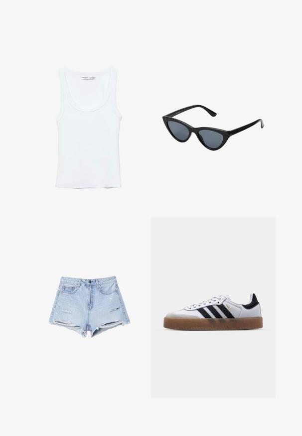 Schlichtes weißes ärmelloses Tanktop mit Rundhalsausschnitt, aus weichem Stoff, Etikett im Kragen zeigt Marken- und Größenangaben.; Hellblaue Jeansshorts mit hoher Taille, ausgewaschenen Details, fransigem Saum und Fünf-Taschen-Design.; Weiße Leder Sneakers mit schwarzen Streifen, Gummigummi-Außensohle, runder Zehenform, Schnürverschluss und weichem grauem Wildleder-Zehenkappe.; Schwarze Cat-Eye-Sonnenbrille mit dunkelgrauen Gläsern, schlankem Kunststoffrahmen, spitzen Ecken und geraden Bügeln. Keine sichtbaren Befestigungen oder Akzente.