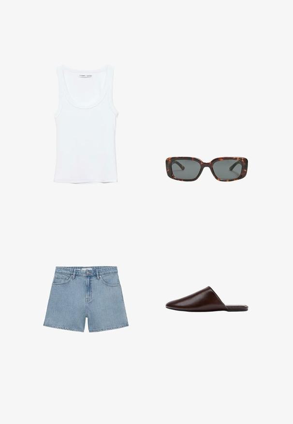 Débardeur blanc uni sans manches avec encolure arrondie, fabriqué en tissu doux, étiquette à l'intérieur du col indiquant la marque et la taille.; Shorts en denim bleu clair avec une taille haute, quatre poches et une fermeture à bouton. Dispose d'une coupe droite classique et d'un ourlet effiloché.; Mule en cuir marron foncé à enfiler, avec bout fermé pointu et semelle plate, vue de profil sur fond blanc.; Lunettes de soleil en écaille de tortue avec des verres rectangulaires, monture épaisse et verres teintés foncés. Texture lisse et design minimaliste.