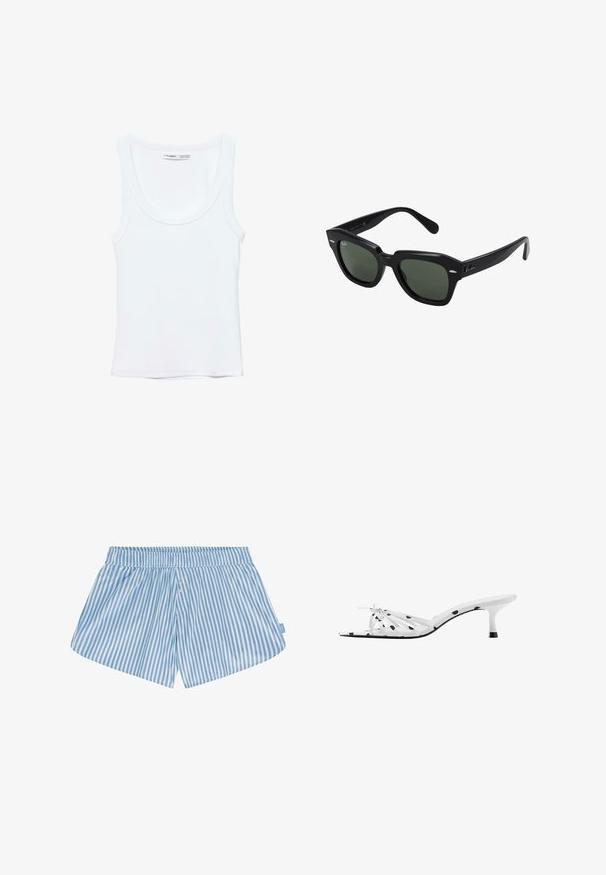 Effen witte mouwloze tanktop met ronde hals, gemaakt van zachte stof, met een label aan de binnenkant van de kraag dat merk en maat aangeeft.; Blauwe en witte gestreepte shorts met een elastische tailleband, twee knopen aan de voorkant en een relaxte pasvorm. De stof lijkt glad met een lichtgewicht textuur.; Witte sandaal met hak en zwarte stippen, open teen, dunne bandjes en een kleine strik aan de voorkant, zijaanzicht.; Zwarte vierkante zonnebril met donker groene lenzen, uitgerust met gedurfde monturen en zilveren accenten aan de zijkanten. Gemaakt in Italië.