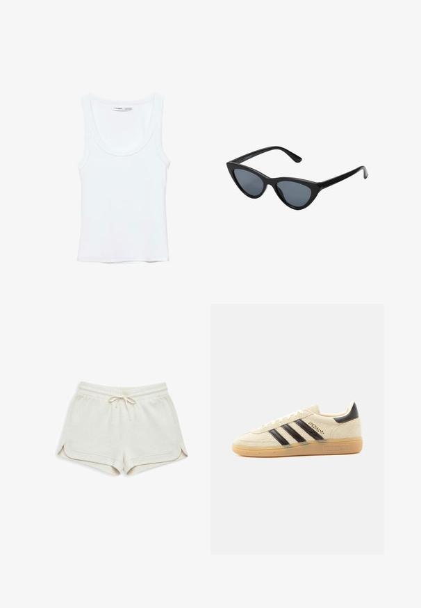 Débardeur blanc uni sans manches avec encolure arrondie, fabriqué en tissu doux, étiquette à l'intérieur du col indiquant la marque et la taille.; Shorts beige clair en tissu doux, dotés d'une ceinture élastique avec cordon de serrage, fentes latérales et détails subtils de couture.; Baskets en daim crème avec des rayures noires, semelle en gomme, languette noire au talon et texte doré "SPEZIAL" sur le côté.; Lunettes de soleil noires en forme d'œil de chat avec des verres gris foncé, monture en plastique élégante, coins pointus et branches droites. Pas de métal visible ni d'accents.