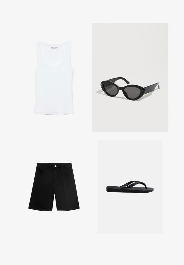 Hvid, ærmeløs top med rund halsudskæring, lavet af blødt stof. Mærkat indeni kraven viser mærke og størrelsesoplysninger.; Sorte denim shorts med lige snit, fem lommer og sølvfarvet knaplukning. Glat tekstur med minimal syning.; Sort gummiplip-flops sandal med tekstureret sål og glatte remme, sidevisning på en ensfarvet lys grå baggrund.; Sorte solbriller med en stor cat-eye form. Glatte plaststel med mørke linser og små stjerne-accentsider.