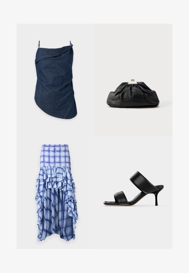 Mørkeblå denim asymmetrisk ærmeløs top med tynde stropper og foldet halsudskæringsdetail på en ensfarvet lys baggrund.; Blåternet nederdel med lagdelte rynker, der har forskellige nuancer af blå samt blå og hvide ternmønstre. Letvægtsstof, ankellængde design.; Sort læder mule sandal med to brede remme og en slank mellemhøj stiletthæl på en ensartet lys baggrund.; Sort læderclutch med en samlet tekstur, metal lukning og diskret præget logo på forsiden. Rundet form.