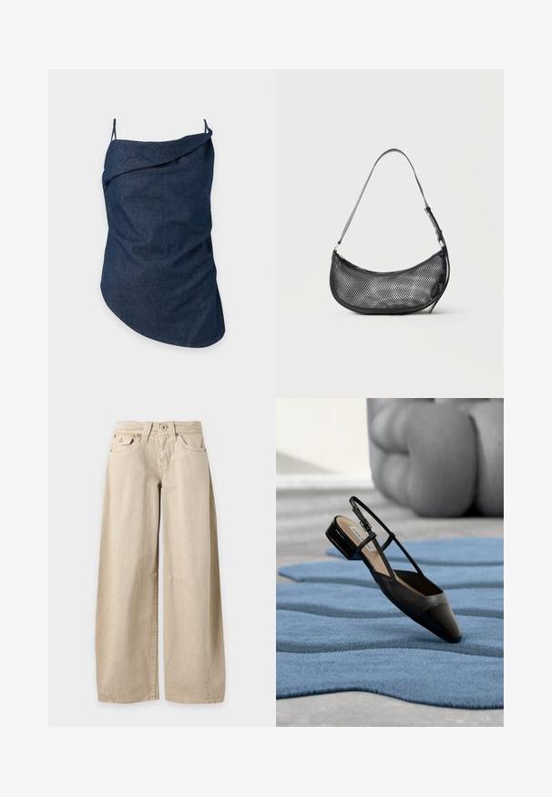 Donkerblauw denim asymmetrisch mouwloos topje met dunne bandjes en een gevouwen halsdetail op een effen lichte achtergrond.; Beige jeans met wijde pijpen, vijf zakken en zichtbare naden op de knieën, plat uitgestald op een effen lichtgrijze achtergrond.; Zwarte slingback schoen van lakleer met een lage blokhak, rustend op een gestructureerd blauw golvend tapijt en grijze, gewatteerde meubels.; Kleine zwarte mesh schoudertas in halve maanvorm met verstelbare dunne band, tegen een effen lichte achtergrond.