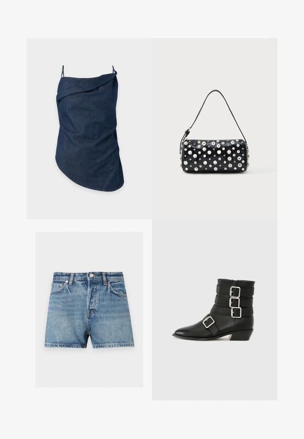 Top asymétrique sans manches en denim bleu foncé avec fines bretelles et détail de col plié sur un fond clair uni.; Short en denim bleu avec bouton à l'avant, passants de ceinture, poches avant et coutures visibles sur un fond uni clair.; RAID COLE - Bottines de cowboy / motard - black; Sac à main en cuir noir à forme arrondie, orné de clous argentés. Comprend une bandoulière amovible et une fermeture éclair. Texture lisse.