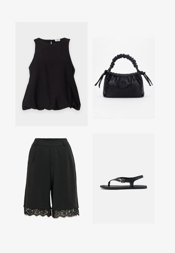 Haut sans manches noir avec un col rond, coupe ample et tissu texturé. Présente une petite ouverture au dos et aucun matériel visible.; Short noir taille haute avec plis sur le devant et bordure en dentelle à l’ourlet, doté de passants pour ceinture et d’une taille élastiquée à l’arrière.; Sandale plate noire avec bride à la cheville, entre-doigt et boucle argentée sur semelle lisse, vue de côté sur fond blanc.; Sac à main noir avec texture crocodile, bord supérieur froncé, poignée plissée et pompons à cordon de chaque côté sur fond blanc.