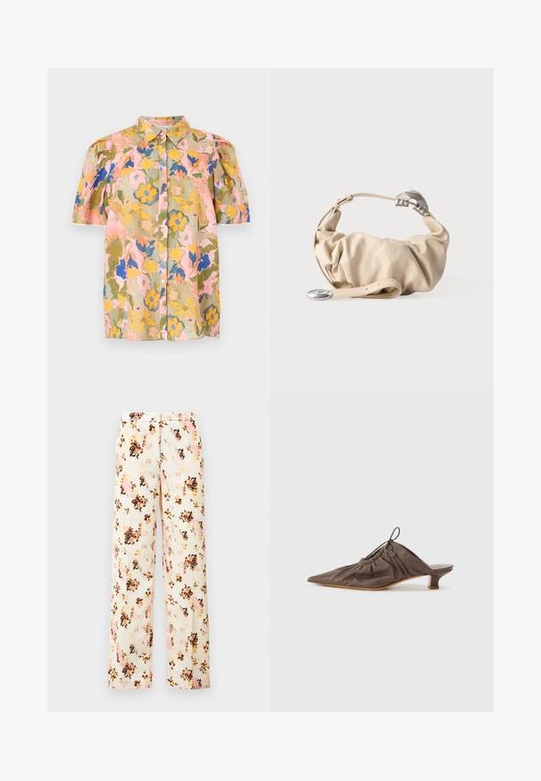 Blouse à manches courtes boutonnée à imprimé floral jaune, bleu, rose et vert, avec un col pointu.; Pantalons larges à fleurs en crème, avec un mélange de fleurs roses, orange et noires. Tissu lisse avec une coupe décontractée et sans poches extérieures.; Mule en cuir marron avec un bout pointu, texture froncée, petit talon et un accent de cordon de serrage à l'ouverture. Fini lisse.; Sac à main en cuir souple beige avec un design froissé, une quincaillerie argentée et une bandoulière ajustable sur un fond uni.