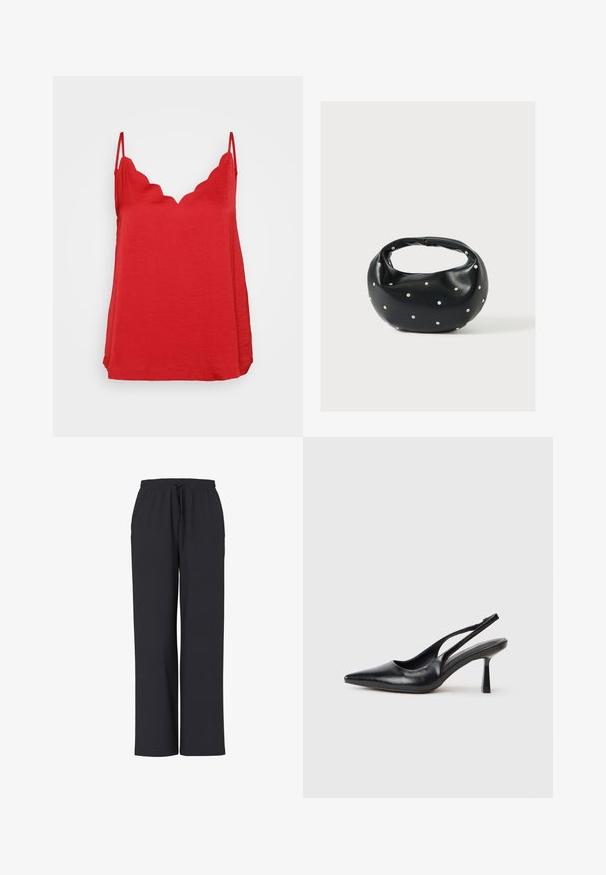 Haut sans manches rouge avec un décolleté festonné, fabriqué en tissu léger au toucher texturé et doté d'une coupe décontractée.; Pantalon noir ample avec taille élastique et cordon de serrage à l'avant, coupe droite, sans poches visibles ni motifs.; Chaussure à talon haut en cuir noir, à bride arrière, avec un bout pointu et un talon fin sur fond blanc.; Sac à main en cuir noir de forme arrondie, décoré de clous argentés et équipé d'une poignée courte. Texture lisse et fermeture éclair.