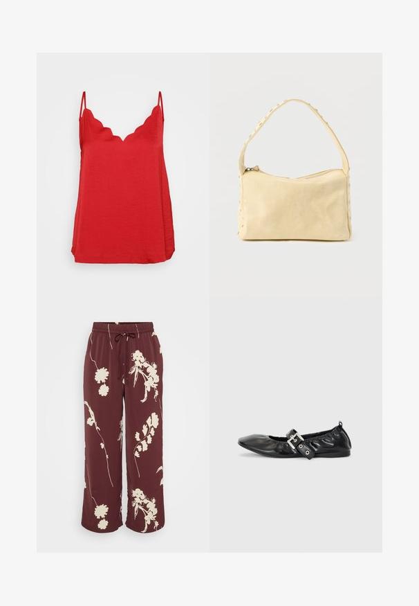 Haut sans manches rouge avec un décolleté festonné, fabriqué en tissu léger au toucher texturé et doté d'une coupe décontractée.; Pantalon large bourgogne en tissu lisse avec imprimé floral blanc, doté d'une taille élastique et d'un cordon de serrage pour un ajustement réglable.; Chaussure plate en cuir noir avec un nez pointu, des détails froncés autour de l'ouverture et un accent en boucle argentée sur la bride ajustable.; Petit sac à main en cuir beige avec une seule bandoulière et des clous argentés le long des bords et de la bandoulière, posé sur un fond uni.