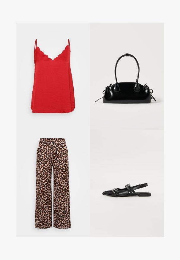 Rød ærmeløs top med scallop-udskæring, lavet af letvægtsstof med en struktureret overflade og en løs pasform.; Even&Odd Petite by Zalando P-EO-AW21-A-003-SP / PETITE_TAILORED WIDE LEG TROUSERS - Bukser - brown; Even&Odd by Zalando Slingback-ballerinasko - black; Lille sort blank håndtaske med to lange håndtag og snøre-detaljer i siden på en ensfarvet lys baggrund.