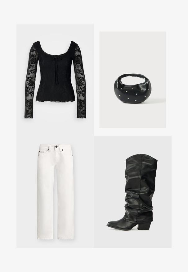 Haut à manches longues noir avec un design en dentelle florale, décolleté arrondi et un détail à nouer à l'avant. Les manches semi-transparentes ajoutent de la texture.; Jean denim blanc droit avec rivets noirs, bouton frontal, braguette zippée, passants de ceinture et design à cinq poches.; Bottes noires en cuir, montantes jusqu'au genou, avec un design plissé, un bout pointu et un talon épais, présentant une texture lisse et des coutures minimales.; Sac à main en cuir noir de forme arrondie, décoré de clous argentés et équipé d'une poignée courte. Texture lisse et fermeture éclair.