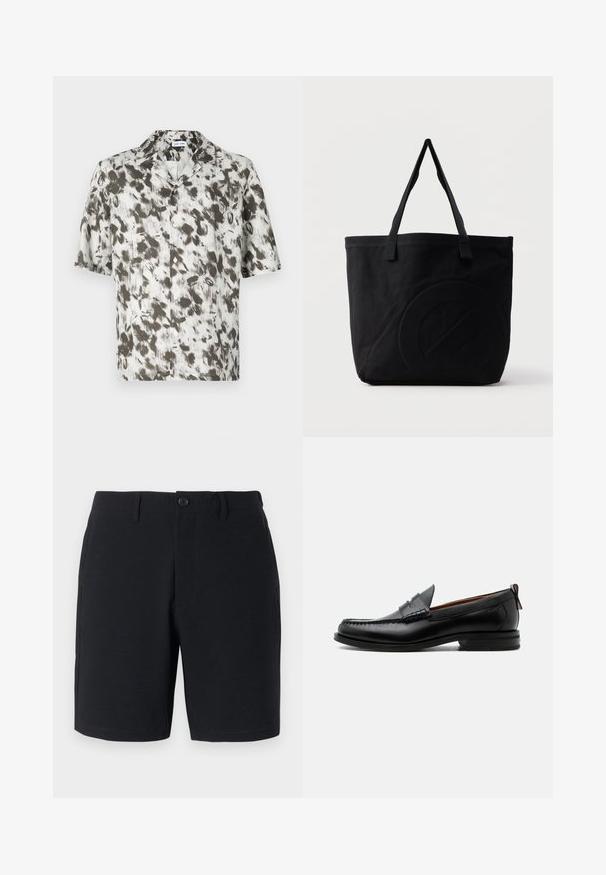 Camisa de botón de manga corta en tejido liviano, con una base blanca y un patrón abstracto en negro y gris, y un cuello con muesca.; Pantalones cortos negros con un tejido texturizado, cierre de botón, presillas para cinturón y bolsillos laterales; corte ajustado con dobladillos limpios y cosidos.; Mocasín de hombre de piel negra con costura moc toe, tira penny, cuello texturizado y tacón bajo apilado sobre fondo blanco.; Bolsa tote de lona negra con dos correas para el hombro y un diseño circular en relieve sutil en el frente.