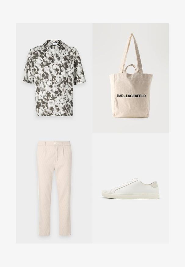 Kurzärmliges Hemd mit Knöpfen aus leichtem Stoff, mit weißem Grund und abstraktem Muster in Schwarz und Grau sowie einem Reverskragen.; Beige gemusterte Hose mit dezentem Blattmuster, gut geschnitten, mit Knopfverschluss und Seitentaschen. Glatte Stofftextur.; Weiße Leder Sneakers mit glatter Oberfläche, runder Zehenform und minimalistischem Design. Mit beigen Akzenten an der Ferse und einer Gummisohle.; Beige Leinwand-Shopper mit langen und kurzen Griffen, auf der Vorderseite mit dem Aufdruck "KARL LAGERFELD" in fetten schwarzen Buchstaben.