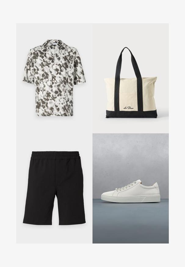 Chemise à manches courtes avec boutons en tissu léger, présentant une base blanche avec un motif abstrait en noir et gris, et un col à encoches.; Shorts noirs en tissu confortable avec une taille élastique. Design simple, coupe droite, adaptés pour un usage décontracté.; Baskets en cuir blanc avec un bout arrondi, design minimaliste, lacets gris et semelle en caoutchouc gris texturé. Détails de couture subtils visibles.; Sac fourre-tout en toile avec longues anses noires, bordure noire en bas et poche avant avec logo "Les Deux" en écriture noire.