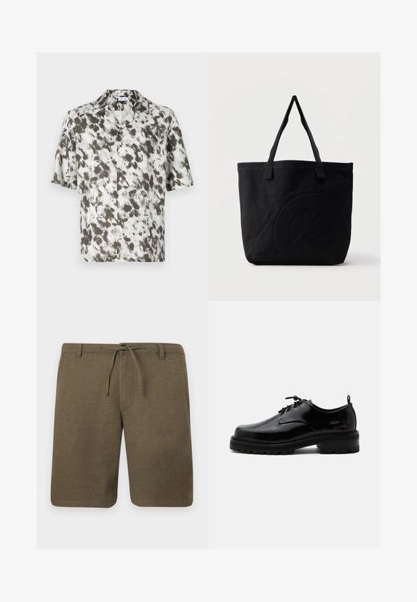 Kurzärmliges Hemd mit Knöpfen aus leichtem Stoff, mit weißem Grund und abstraktem Muster in Schwarz und Grau sowie einem Reverskragen.; Olivgrüne Leinen-Shorts mit flachem Frontschnitt, Kordelzugbund und seitlichen Taschen; strukturierter Stoff mit lockerer, lässiger Passform.; Schwarzer polierter Lederschnürschuh mit dicker Gummisohle und niedrigem Absatz, seitlichem Marken-Schriftzug "SAMSOE" und hinterer Zuglasche.; Schwarze Canvas-Shopper-Tasche mit zwei Schulterriemen und einem dezenten, eingeprägten kreisförmigen Design auf der Vorderseite.