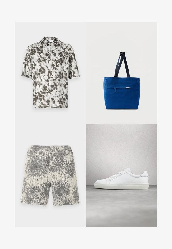Kortærmet skjorte med knapper i let stof, med en hvid bund og et abstrakt mønster i sort og grå samt en revet krave.; Strikshorts i creme og sort med et struktureret, abstrakt mønster. Elastisk talje for komfort og nem påklædning.; Hvide sneakers med en glat læderoverdel og lav profil. Har en rund tå, seks snørehuller og en tekstureret gummisål.; Blå lærredstaske med lynlåslomme foran, dobbelte skulderremme og rektangulær form. Har en diskret mærkeetiket.