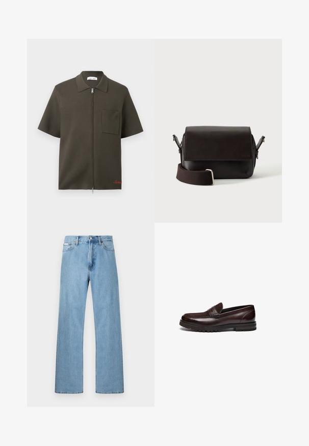 Mørke olivengrøn kortærmet skjorte med lynlås, brystlomme og krave, med rød broderi nær kanten.; Lyseblå straight-leg jeans i denim med fem-lomme-design og knaplukning i taljen, vist mod en ensfarvet baggrund.; Brune læder loafers med en ruskindsdetalje, rund tå og tekstureret gummisål. Har syet detaljering og en let hæl.; Mørkebrun lædertaske med flaplukning og justerbar stofrem på hvid baggrund.