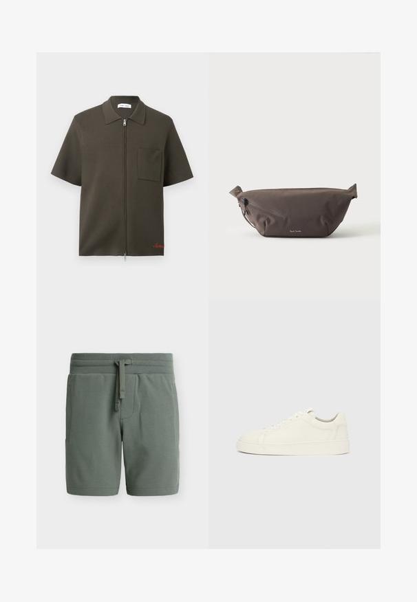Chemise zippée manches courtes en olive foncé avec une poche poitrine et un col, ornée d'une broderie rouge près de l'ourlet.; Shorts vert olive à texture tricotée avec cordon de serrage, taille élastique et poches latérales, présentés sur un fond uni.; Baskets basses en cuir blanc avec fermeture à lacets et semelle plate sur fond gris clair uni, vue latérale.; Sac banane en tissu marron foncé avec poche zippée en diagonale et petit logo blanc sur le devant, sur un fond clair uni.