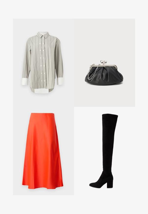 Camisa a rayas en gris y blanco, con un cuello clásico, cierre de botones con botones blancos, y puños en blanco contrastante. Mangas largas.; Falda midi de satén rojo con una textura suave, silueta en forma de A y un sutil vuelo en el dobladillo. Sin patrones visibles ni adornos.; Botas negras hasta la parte superior de la rodilla, hechas de suave ante, con un tacón alto y grueso, y un diseño elegante que se ajusta al cuerpo con punta redondeada.; Clutch de cuero negro con textura arrugada, marco de metal en tono plateado, cierre de beso y cadena para colgar. Superficie suave y lisa.