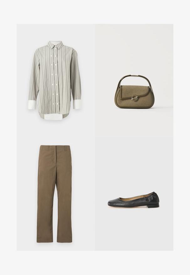 Chemise rayée en gris et blanc, avec un col classique, une fermeture à boutons en blanc, et des poignets contrastants blancs. Manches longues.; Pantalons droits marron en tissu mélangé de coton. Comprend des passants de ceinture, une poche avant et une texture lisse sans motifs.; Ballerines en cuir noir avec un bout arrondi et des coutures minimales. Talon bas et rectangulaire avec une texture lisse. Détails subtils de doublure intérieure.; Petit sac à main vert olive avec des bords arrondis, une poignée supérieure et une fermeture à rabat sécurisée par un fermoir métallique circulaire.