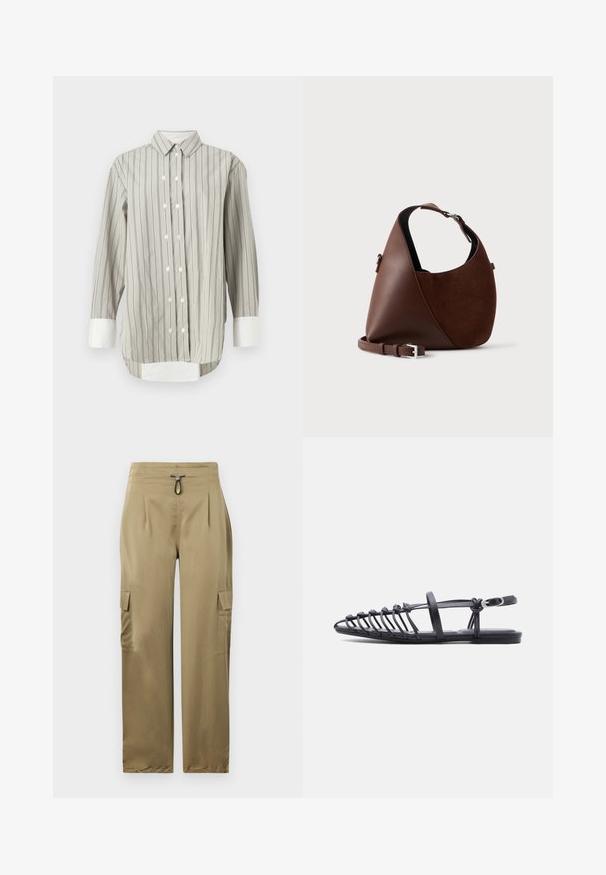 Camisa a rayas en gris y blanco, con un cuello clásico, cierre de botones con botones blancos, y puños en blanco contrastante. Mangas largas.; Pantalones cargo en color caqui con un corte ajustado, que cuentan con una cintura con cordón, dos bolsillos laterales y tela texturizada para mayor durabilidad.; Sandalia plana negra con múltiples tiras delgadas, correa con hebilla en el tobillo y diseño de jaula con punta abierta sobre fondo blanco.; Bolso de hombro marrón en piel y ante con forma curva, correa ajustable y detalle de hebilla plateada sobre un fondo claro liso.