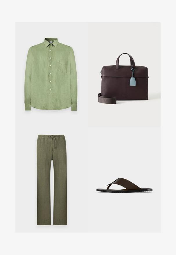 Chemise en lin vert clair à manches longues, avec col, boutons blancs sur le devant et une poche poitrine sur le côté gauche.; Pantalon en lin vert olive avec jambes droites, taille élastique et cordon de serrage à l'avant.; Sandale tong en cuir marron foncé avec une large sangle à la cheville et une semelle plate noire, montrée de profil sur fond gris.; Serviette en cuir marron foncé avec poignées supérieures, bandoulière amovible et étiquette en cuir bleu clair suspendue à une poignée.