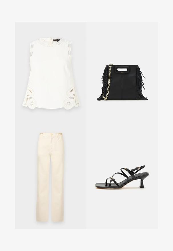 Maje LAURESQUE - Topp - ecru; Rabanne Sirgete säärtega teksad - off white denim; Mustad nahast rihmadega mustad lakknahast sandaalid ruudukujulise varbaga ja madala plokki kontsaga. Varustatud kuldse tooni metalldetailidega ja reguleeritavate pahkluuri rihmadega.; Musta nahk käekott, millel on frantsiisid, kuldne ahelsanga ja lõigatud käepide. Esiosas on logot.