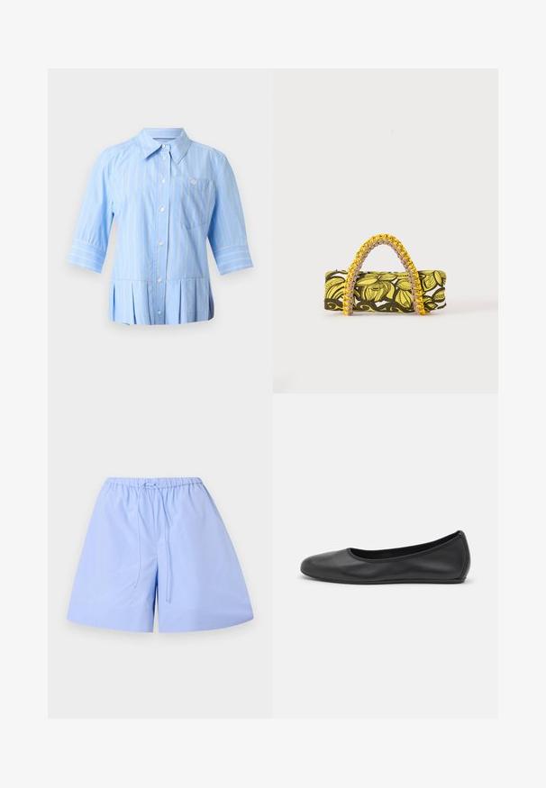 Camisa azul claro con rayas verticales blancas, mangas tres cuartos, cuello puntiagudo, bolsillo en el pecho y dobladillo plisado.; Pantalones cortos de algodón azul claro con un patrón a rayas, cinturilla elástica y cordón ajustable. Presentan un ajuste relajado y una textura suave.; Bailarina de piel negra con punta redondeada, textura suave, detalle de costura minimalista y diseño de suela flexible.; Bolsa rectangular con patrón floral en amarillo y negro y asa trenzada amarilla y rosa sobre fondo blanco.