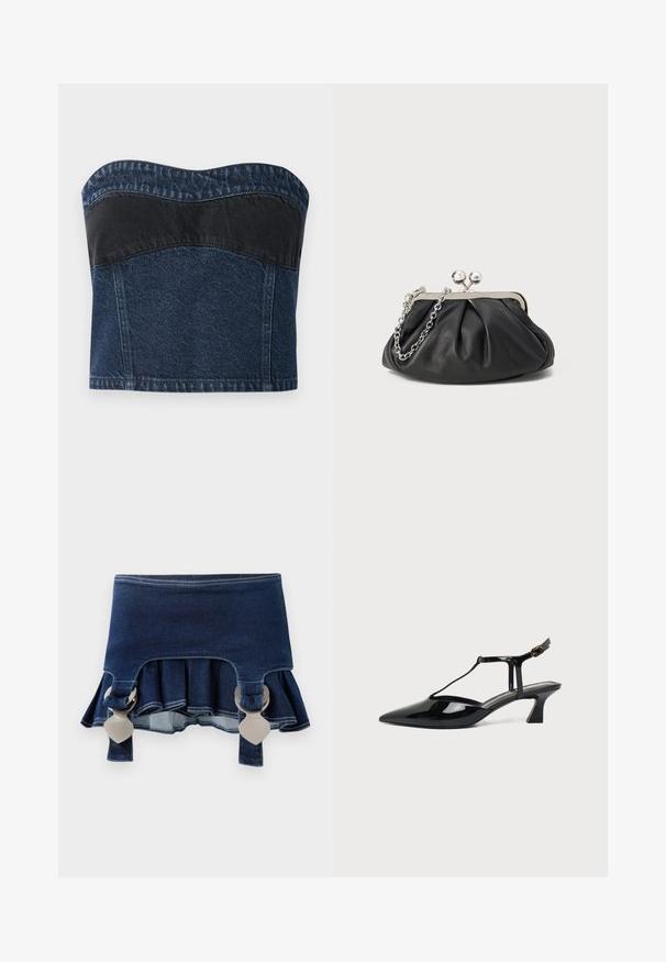 Denim strapless top med et mørkeblåt design og en sort panel over den øverste sektion, glat tekstur og buet halsudskæring.; Denimnederdel med en udvidet bund. Har to justerbare grå spænder, mørkeblå farve og kontrasterende syninger langs kanten.; Sort laklæder spids tå slingback sko med T-rem og lav skrå blokhæl på hvid baggrund.; Sort læder clutch med samlet tekstur, sølvfarvet metalramme, kys-lås lukning og kædestrop. Glat, blød overflade.