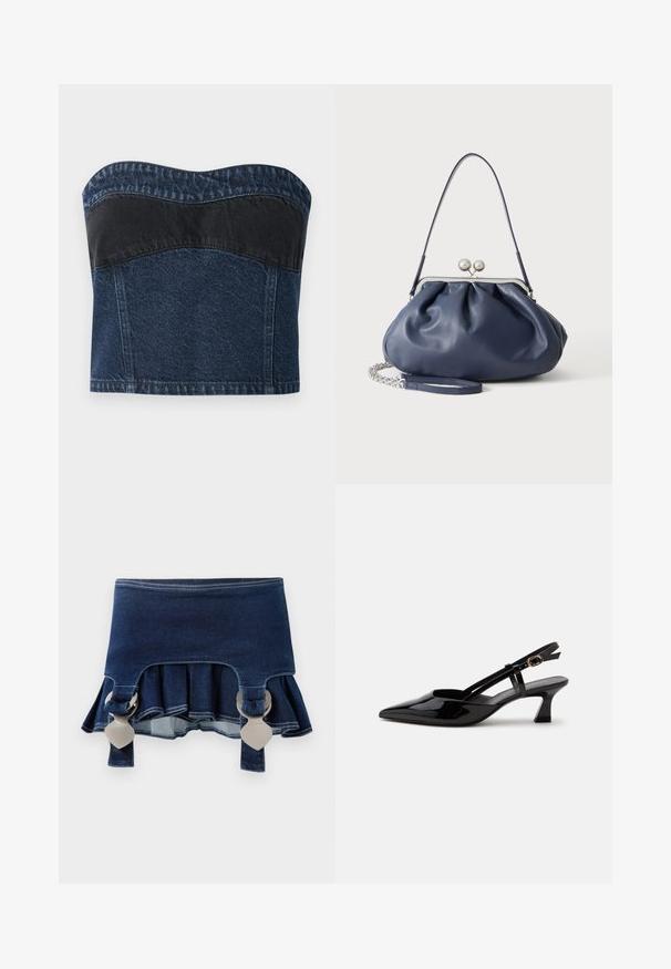 Teksasest ilma õlavarretoeta tops, millel on tume sinine disain ja must paneel ülemises osas, sile tekstuur ja kumer kaelus.; Denim seelik flared põhjaosaga. Omab kahte reguleeritavat halli kinnitust, tume sinine värv ja kontrastsed õmblused ääres.; Mustast lakknahast rihmkontsaga madala kontsaga king terava ninaga ja reguleeritava kuldse pandlaga valgel taustal.; Pehme tumesinine nahast käekott hõbedase klambriga, ühe õlarihmaga ja eemaldatava ketiga randmerihmaga valgel taustal.