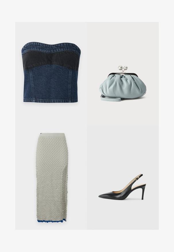 Top sin tirantes de denim con un diseño azul oscuro y un panel negro en la parte superior, textura suave y escote curvado.; Falda de punto en gris claro con diseño texturizado de pompones, cinturilla elástica y dobladillo en azul a rayas. Silueta larga y ajustada.; Tacones altos negros de cuero con tirantes, punta afilada, correa ajustable y un elegante tacón de aguja, con un acabado suave.; Pequeño monedero de cuero azul claro con cierre metálico plateado tipo kiss-lock y correa corta para la muñeca sobre un fondo liso.