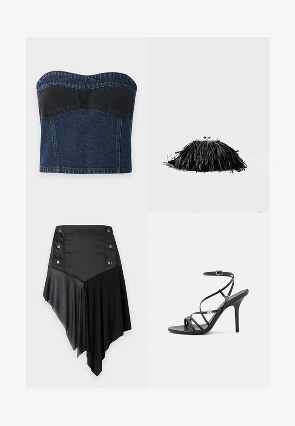 Denim trägerloses Oberteil mit einem dunkelblauen Design und einem schwarzen Panel im oberen Bereich, glatte Textur und abgerundeter Ausschnitt.; Schwarzer asymmetrischer Rock, der eine Kombination aus matten und strukturierten Stoffen zeigt, mit silbernen Knopfdetails an der Taille und einem geschichteten Saumdesign.; Schwarze High-Heel-Sandale mit dünnen Riemen, einem Knöchelverschluss, einer glatten Lederoberfläche und einem schlanken Stiletto-Absatz.; Schwarze Clutch mit Fransen, silbernem Verschluss und Kettenriemen vor schlichtem, hellem Hintergrund.