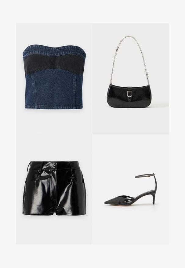 Denim strapless top featuring a dark blue design with a black panel across the upper section, smooth texture, and curved neckline.; Black, glossy shorts made of synthetic material. Features a fitted waist, belt loops, and front pockets with prominent stitching details.; Black leather high-heeled shoe with a pointed toe, open sides, and a thin ankle strap featuring a small gold hardware detail.; Black patent leather shoulder bag with silver buckle detail and a silver chain strap, displayed against a plain light background.