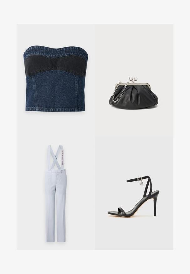 Denim strapless top, jossa on tummansininen muotoilu ja musta paneeli yläosassa, sileä pinta ja kaareva kaula-aukko.; Vaaleansiniset housut, joissa on säädettävät X-muotoiset henkselit, nappikiinnitteinen vyötärö ja hienovaraisia brodeerattu yksityiskohtia. Sileä kangas.; Mustat korkeakorkoiset sandaalit, joissa on kapea nilkkaremmi, neliönmuotoinen varvasosa, sileä nahkamateriaali ja metallinen solkikoriste.; Mustan nahkainen clutch, jossa on rypistetty rakenne, hopeanvärinen metallikehys, suukko-lukko ja ketjuhihna. Sileä, pehmeä pinta.
