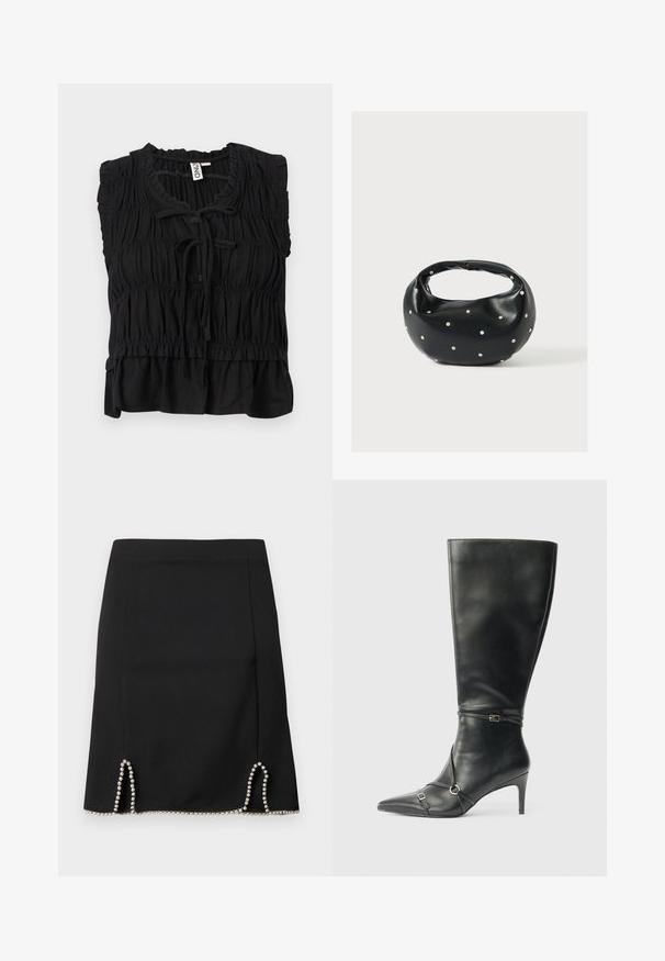 Blouse noire sans manches avec tissu froncé, bords à volants, fermeture nouée à l'avant et ourlet légèrement évasé.; Jupe noire au design ajusté avec des accents de perles argentées le long de l'ourlet et des découpes décoratives sur les côtés. Texture de tissu lisse.; Bottes noires en cuir montant jusqu'au genou, avec un talon fin, un bout pointu et des détails de lanière à la cheville. Texture lisse et design ajusté.; Sac à main en cuir noir de forme arrondie, décoré de clous argentés et équipé d'une poignée courte. Texture lisse et fermeture éclair.