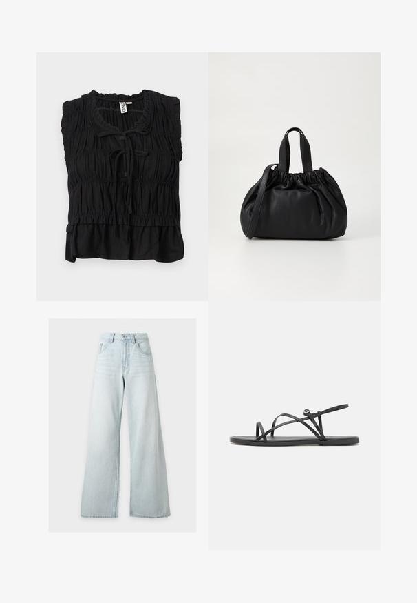 Sort ærmeløs bluse med samlet stof, flæsekant, bindelukning foran og en let udvidet kant.; Lyseblå højhåndede vidde jeans med forreste knap og lynlås, forlommer og bæltestropper på hvid baggrund.; Sorte flade sandaler med tynde, krydsende remme, åben tådesign og en minimalistsk sål. Har et lille spænde detaljer til justering.; Sort læderhåndtaske med en samlet topdesign, der har to korte håndtag og en lang justerbar rem. Glat overflade, rund form.
