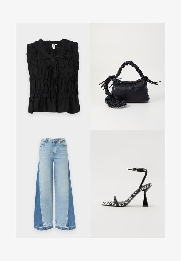 Zwarte mouwloze blouse met geplooide stof, gerafelde randen, sluiting met strik aan de voorkant en een licht uitlopende zoom.; Wijd uitlopende jeans met lichtblauwe voorpanelen en donkerblauwe zijpanelen, voorzien van een knoop- en ritssluiting met riemlussen.; Zwart-wit zebra print hoge hak sandaal met een open teen, slanke enkelband en een geometrische blokhak. Glad textuur.; Zwarte nepleer handtas met een krokodillenstructuur, opgedroogde bovenkant en een gekreukte hengsel. Het lijkt zacht en compact van ontwerp.