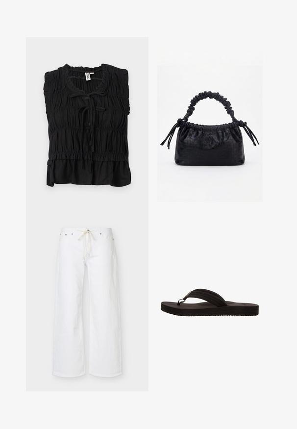 Blusa negra sin mangas con tela fruncida, bordes con volantes, cierre delantero con lazo y dobladillo ligeramente acampanado.; Pantalones blancos de pierna ancha con bolsillos delanteros y un cordón beige en la cintura, mostrados sobre un fondo liso.; Chancla negra con suela de goma, que presenta un diseño de sola tira con tres ranuras horizontales. Textura plana y suave sin patrones adicionales.; Bolso negro con textura de cocodrilo, borde superior fruncido, asa recogida y cordones con borlas en cada lado sobre un fondo blanco.