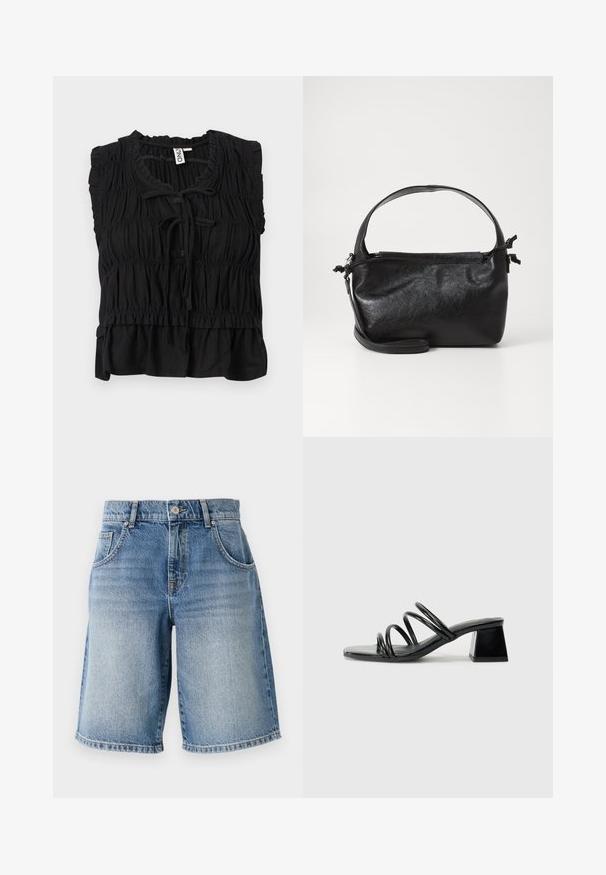 Schwarze ärmellose Bluse mit gerafftem Stoff, Rüschen am Saum, vorderer Bindung und leicht ausgestellt geschnittenem Saum.; Hellblaue Denim-Shorts mit geradem Schnitt, fünf Taschen und bronzefarbenen Beschlägen. Mit fransigem Saum und einer ausgewaschenen Waschung.; Schwarze Sandale mit Absatz und quadrater Zehenpartie, ausgestattet mit drei gedrehten Riemen im Obermaterial und einem klobigen Quadratabsatz. Glattes, glänzendes Material.; Schwarze Lederhandtasche mit strukturiertem Design, rundem Haltegriff und abnehmbarem Schulterriemen. Sie weist eine glatte Oberfläche und einen subtilen Glanz auf.