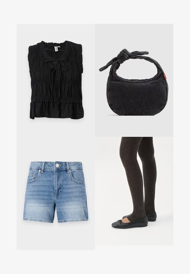 Blusa negra sin mangas con tela fruncida, bordes con volantes, cierre delantero con lazo y dobladillo ligeramente acampanado.; Pantalones cortos de mezclilla azul claro con botón frontal, cierre de cremallera, presillas para cinturón y bolsillos delanteros sobre un fondo blanco liso.; Piernas con leggings oscuros acanalados combinados con bailarinas negras que presentan pequeños detalles de lazo sobre un fondo blanco.; Bolso pequeño de hombro de mezclilla negra con correa anudada y cierre de cremallera, con una etiqueta de tela roja de Levi's en el lateral.