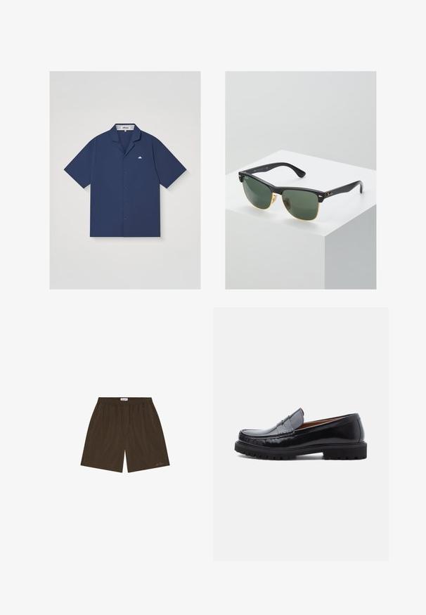 Chemise bleu marine à manches courtes avec col de type camp et petit logo blanc Ellesse sur la poitrine gauche.; Shorts décontractés marron avec taille élastique, poches latérales et logo discret de la marque près de l'ourlet sur la jambe droite.; Mocassin penny en cuir noir avec semelle en caoutchouc épaisse et couture moc toe, montré de profil sur un fond blanc.; Lunettes de soleil Ray-Ban avec des verres verts, monture en plastique noir et accents dorés sur les bords. Forme carrée avec une finition mate.